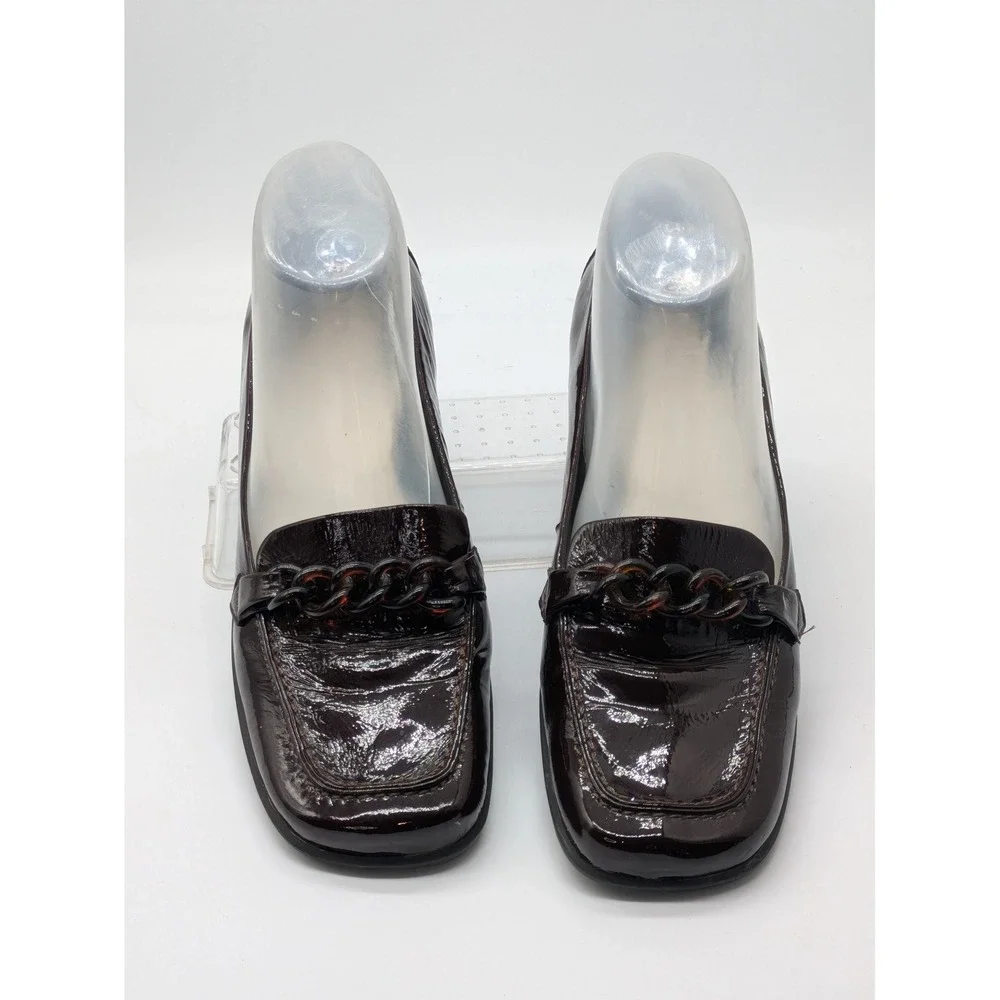 Enzo Angiolini Women's 8M Brown Patent Leather Chain Loafers Square Toe
